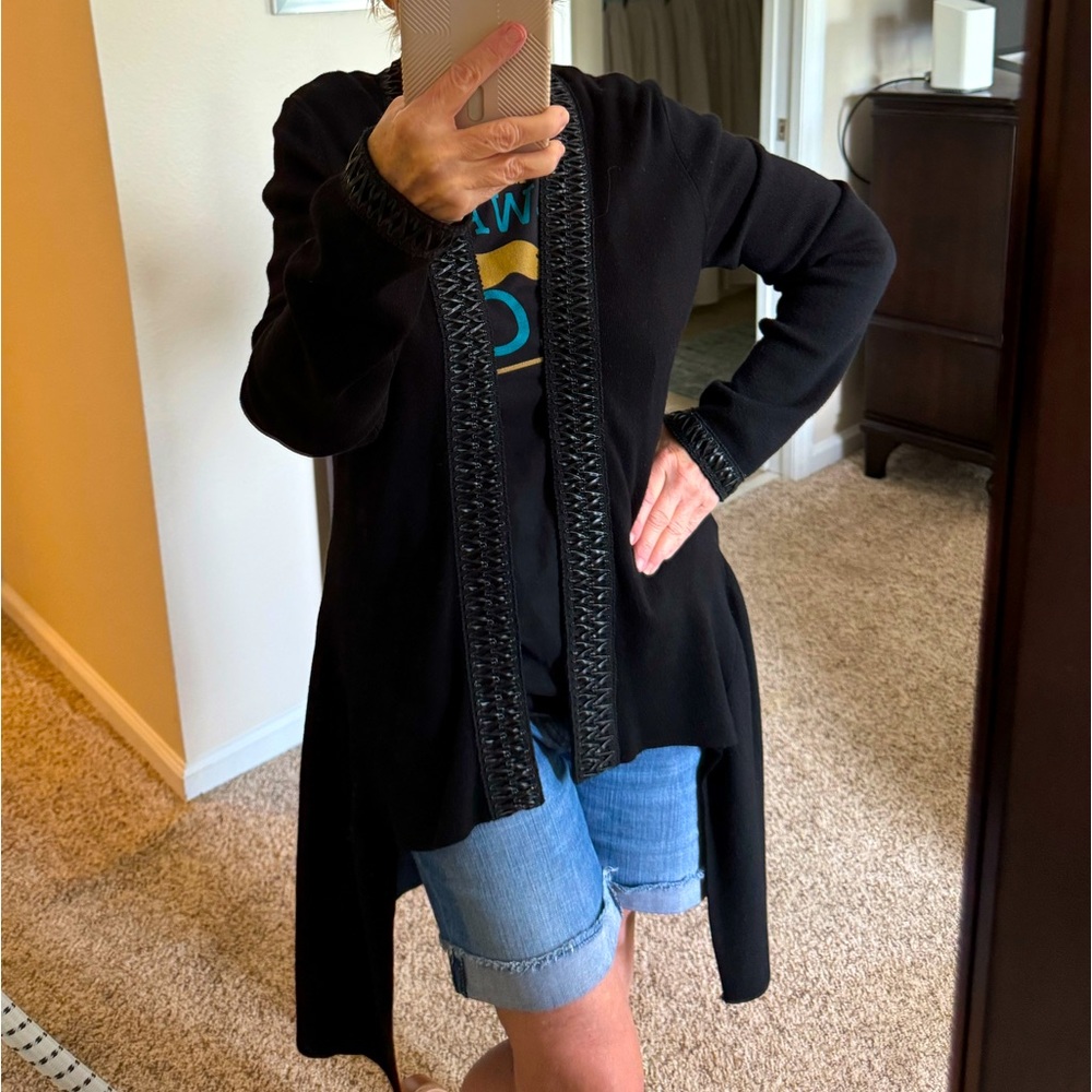 Open Front Cardigan with Leather Trim